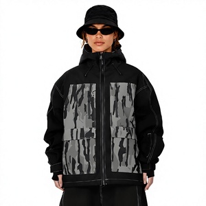 Women's Black Hooded Waterproof Ski <b>Jacket</b> With Gray Camouflage Panels Zipper Closure Synthetic Insulation Outdoor Wear - Product Image 1