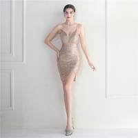 19891 # Double épaule Artisanat Perlé Sparkling Strap Enveloppé Robe Formelle Courte Robe De Discothèque Sexy.