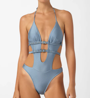 Maillot de bain une pièce femme Repreve, coupe basse, à découpes avec boucle, couleur unie brillante, bretelles réglables, coupe ajustée, vente en gros et personnalisation
