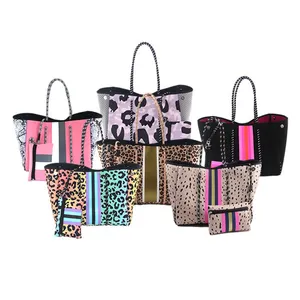 Heißester Verkauf Faltbare wasserdichte Damen handtaschen mit großer Kapazität Shopping Travel Beach Bag Neopren-Einkaufstasche mit Geldbörse