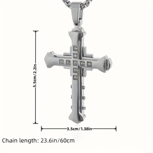 Nuova collana da uomo nera in acciaio inossidabile con ciondolo a croce di gesù con catena di bambù con diamanti in zirconio di cristallo-regalo di gioielli per uomo - Product Image 6