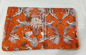 Bohemian Printed Quilt Orange and <b>Pink</b> Floral Animal Pattern Handmade Throw Blanket All-Season Home Decor - Product Image 3