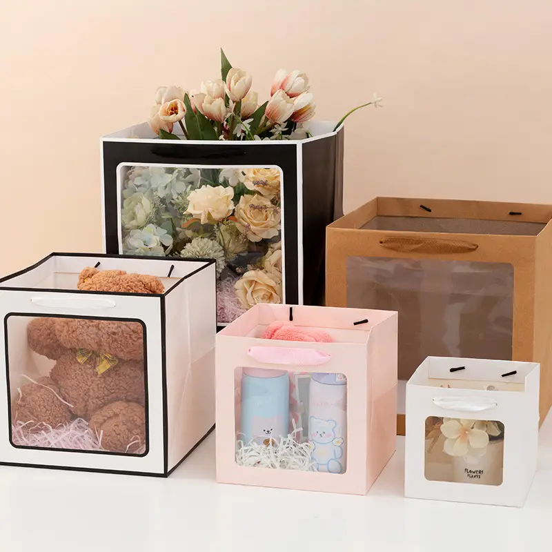 Caja de regalo de paquete simple ins gruesa con cuerda, bolso cuadrado de ventana transparente, bolsa de papel de regalo de flores, venta al por mayor