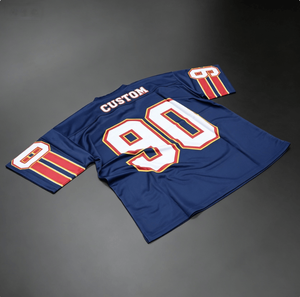 เสื้อฟุตบอลแขนสั้นสีน้ำเงินสำหรับผู้ชายแบบสั่งทำพิเศษหมายเลข 90 พิมพ์ลายสกรีน ขอบตัดสี คอกลม ทรงปกติ - Product Image 4