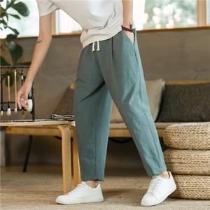 Pantalon droit respirant uni avec cordon de serrage, pantalon décontracté <span class=keywords><strong>en</strong></span> coton et <span class=keywords><strong>lin</strong></span> <span class=keywords><strong>pour</strong></span> <span class=keywords><strong>homme</strong></span> - Product Image 2