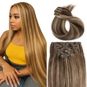 Ekstensi Rambut Top <span class=keywords><strong>Clip</strong></span> dari Rambut Manusia Asli, 100% Rambut Manusia Virgin, 20 inci 120g 7Pcs, 4-27 Cokelat Ke Cokelat Pirang - Product Image 1