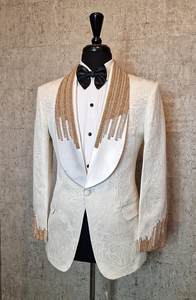 Costumes de Smoking Jacquard Floral pour Hommes Coupe Cintrée Mariage Veste Jacquard Damassée Brodée Main Blanc <span class=keywords><strong>Ivoire</strong></span> - Product Image 4