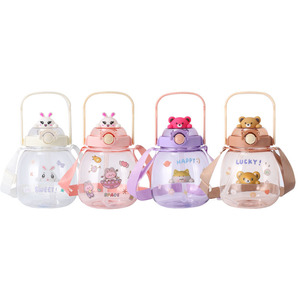 Bouteille d'eau en plastique portable à bandoulière pour enfants et étudiants, motif animal de dessin animé amusant, vente en gros - Product Image 1