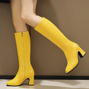 Bottes hautes pour femmes à bout carré, talon épais, avec fermeture éclair latérale, grande taille 45, effet miroir simple, pour dames - Product Image 6