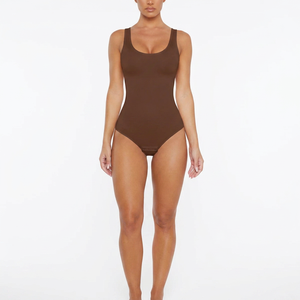 Maillot de bain une pièce sans manches taille haute pour femme, col rond, effet ventre plat, couleur unie, pour la plage et l'été - Product Image 1