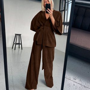 Роскошный модный вельветовый пижамный комплект с <span class=keywords><strong>V</strong></span>-образным вырезом, мягкий, с индивидуальным логотипом, длинный, из 2 предметов, на заказ, для женщин - Product Image 1