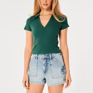 Chất Lượng Cao Phụ Nữ Gân Buttonless Polo Áo Sơ Mi Cotton Vải Mỏng Phù Hợp Với Cô Gái T-Shirts & Polo Áo Sơ Mi Phim Hoạt Hình