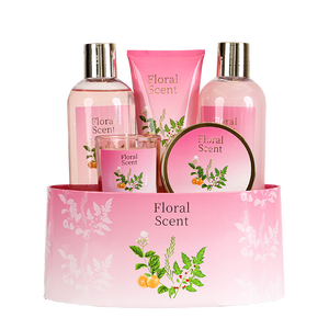 Coffret cadeau de bain parfumé aux fleurs de luxe, 5 pièces, coffret cadeau rose pour le soin du corps pour femmes, avec gel douche, lotion, bougie et crème de bain pour femmes - Product Image 1