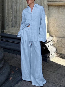 Enyami da <span class=keywords><strong>donna</strong></span> pantaloni lunghi a gamba larga 2 pezzi Set Casual <span class=keywords><strong>in</strong></span> cotone tinta unita da <span class=keywords><strong>donna</strong></span> Co Ords tailleur camicia a maniche lunghe Set due pezzi - Product Image 2