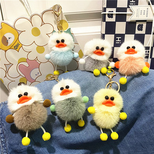 Cute Red Duck Keychain Ugly Cartoon Elf Car Accessory Soft Plush Student Bag Pendant Alloy Metal Ball Shape Featuring Fur