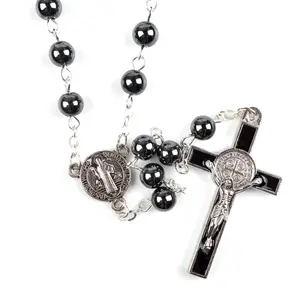 St Benedict罗经8毫米赤铁矿珠子宗教十字项链天主教黑色编织念珠