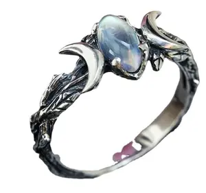 fashion jewelry Vintage Oval Moonstone custom Double Moon wedding Rings Zinc Alloy Branch Ring for Women luxury Gifts
