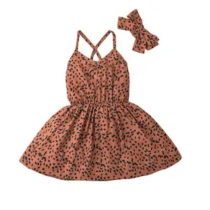 2023 नई आगमन तेंदुए प्रिंट स्पॉट ब्रेसिज़ पोशाक फैशन गर्मियों में लड़कियों के कपड़े पॉलिएस्टर बच्चे समुद्र तट पोशाक