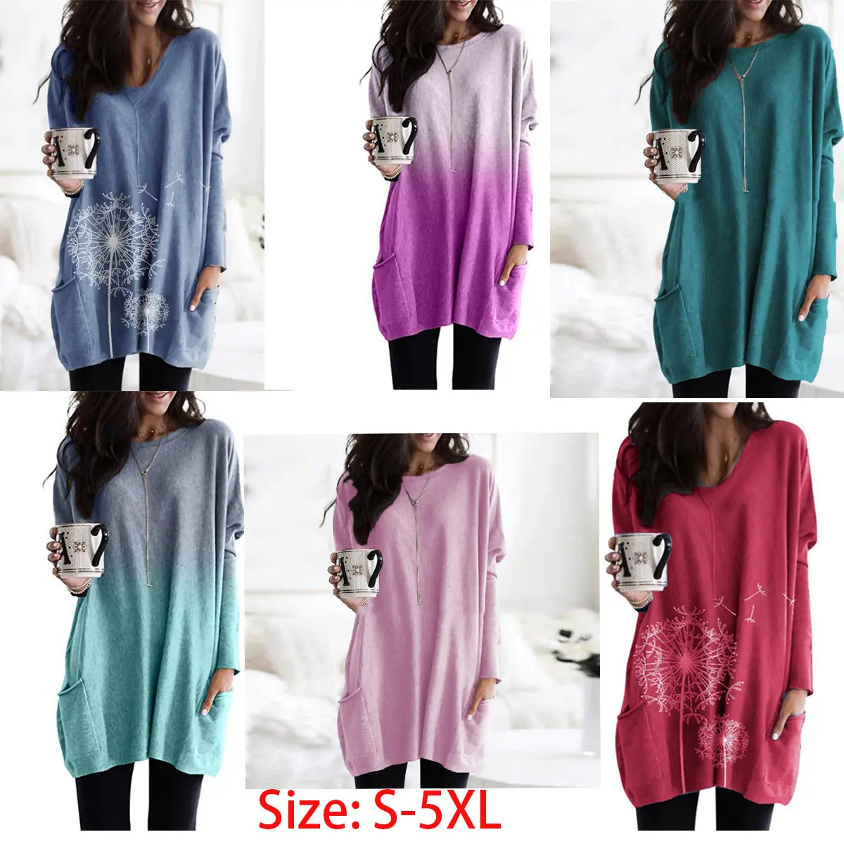 Women gradient color Casual Long Sleeve T-shirt Loose Fit Knit Tops Tunic Blouses