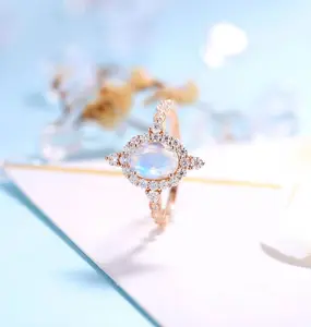Newest Rose Gold Plating 925 Sterling Silver Jewelry Oval Cut Blue Moonstone Engagement Rings