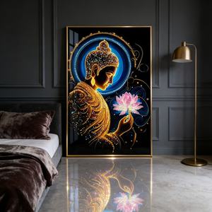 Venta Directa de Fábrica, Arte Mural LED Grande para Sala de Estar, Oficina, Hotel, Paisaje, Marco con Estatua de Buda Azul, Pintura de Porcelana de Cristal - Product Image 5