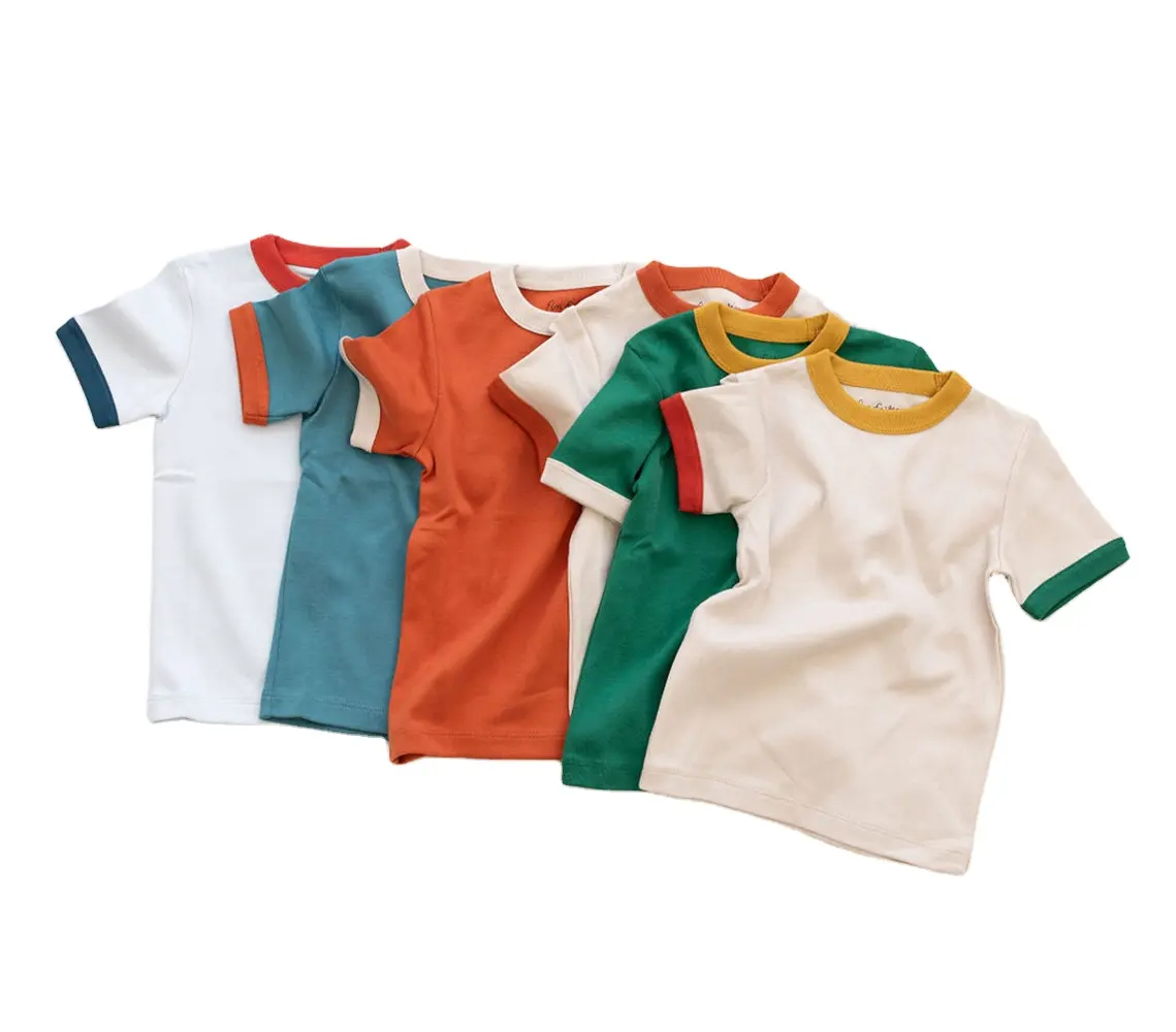 Yaz çocuklar erkek bebek T shirt rahat Tee üst bebek giyim Trim renk blok çocuk kısa kollu örgü pamuk OEM katı