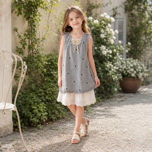 <span class=keywords><strong>Robe</strong></span> d'été décontractée pour fillettes, en coton mélangé, à carreaux, avec dentelle ajourée, sans manches, style boutique - Product Image 3