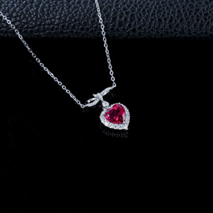 S925 Silver Romantic Heart‑Cut Lab‑Created <b>Ruby</b> <b>Necklace</b> - Product Image 3