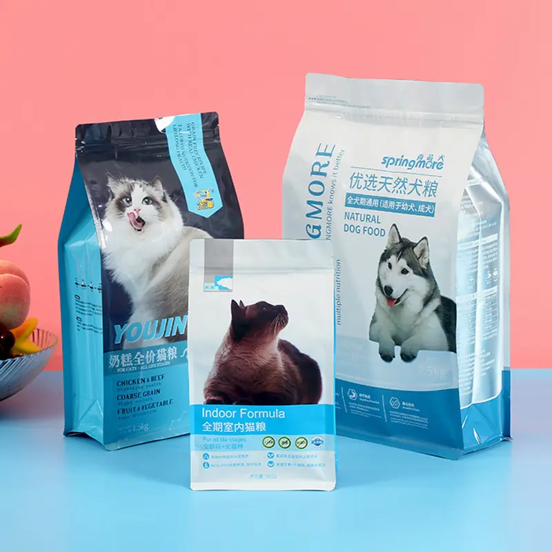 Özel baskılı plastik 8 yan köşebent düz alt fermuar kedi köpek Pet gıda ambalaj çanta köpekler tedavi için