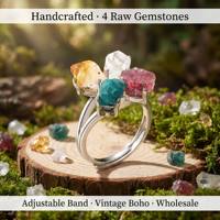 Bague vintage bohème ajustable en argent avec grappe de cristaux naturels bruts, sertie de griffes, Citrine Améthyste Quartz Rose