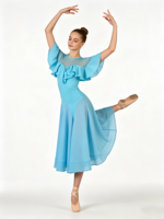 Robe de danse latine bleu clair à volants et manches flottantes, dos ouvert en maille transparente, jupe fluide en mousseline, costume pour femme adulte
