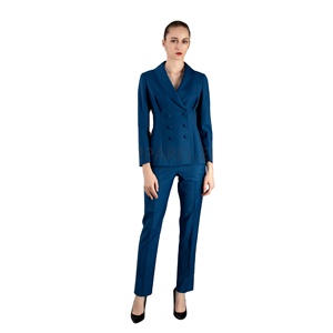 En gros, Pantalons de costume professionnels pour femmes, bleu <span class=keywords><strong>ardoise</strong></span> uni, à double boutonnage, anti-rétrécissement, personnalisés, en tissu peigné 3D - Product Image 1