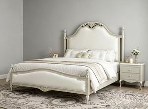 Premium Queen Size Light Champagne Spindle <b>Bed</b> With Cream Upholstered Ornate Carved Nailhead Headboard For Bedroom - Product Image 6