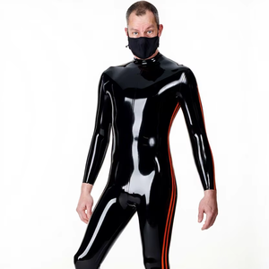 Traje de látex con cremallera en el pecho y doble franja para hombre, ribete negro y naranja, 0,4 mm de grosor - Product Image 1