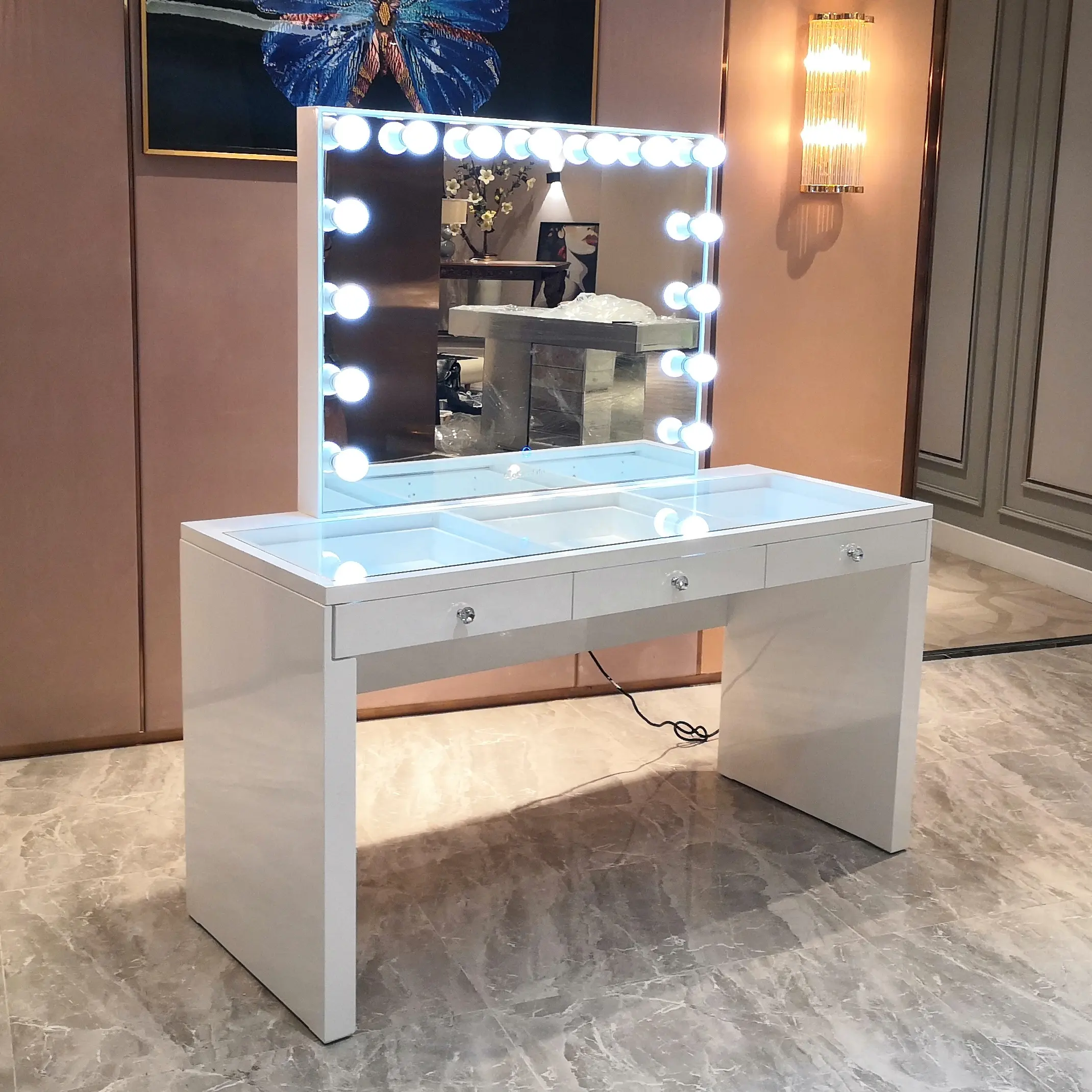 Docarelife — meuble de maison blanche pour filles, 3 tiroirs, coiffeuse moderne avec miroir éclairé