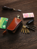 Porte-clés multifonctionnel Zenos en cuir véritable vintage, écologique, durable, avec fermeture éclair et mousqueton