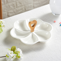 Plat à collation de table en céramique blanche avec manche en bois 6 sections Condiment Apéritif Dip Poignée de service