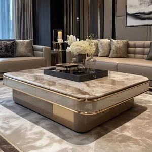 Luxury Square Marble Coffee <b>Table</b> Modern Sintered Stone Center <b>Table</b> with <b>Storage</b> Drawers Gold Metal Trim for Living Room - Product Image 1