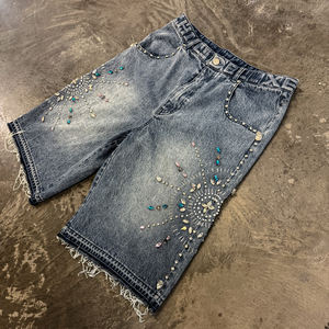 ملابس الشارع الشهير الهيب هوب كريستال حجر الراين Jorts حافة الخام تنحنح مخصصة Jorts Baggy قطن الرجعية المتعثرة سراويل الجينز الرجال - Product Image 6