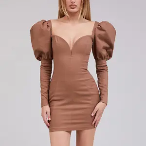 Yaz moda puf kollu kabarcık kollu Bodycon kadın seksi elbise pamuk Cut Out açık Nighty Mini elbiseler bayanlar için
