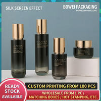 Set Kosmetik Kaca Mewah Gradasi Hitam + Emas, Wadah Krim Wajah 50g, Botol Lotion 40ml-120ml, Botol Semprot Makeup Kaca