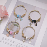 Bracelet en acier inoxydable de haute qualité plaqué or avec breloque fleur en cristal, perles à grand trou et pendentif feuille, bracelet DIY pour femme
