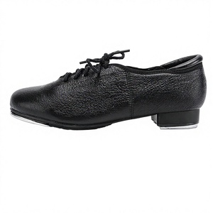 Chaussures de claquettes noires en cuir véritable pour femmes, talon plat, semelle fendue, chaussures de danse Oxford avec claquettes en aluminium, modèle T4987 - Product Image 1