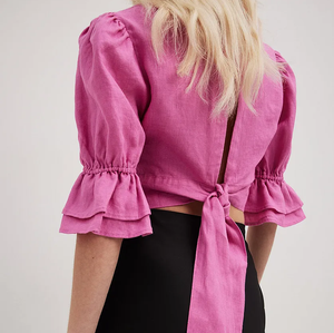 Vendita calda <span class=keywords><strong>femminile</strong></span> cravatta di lino indietro Top maniche corte aperto indietro Crop Top donna alta qualità Top - Product Image 4