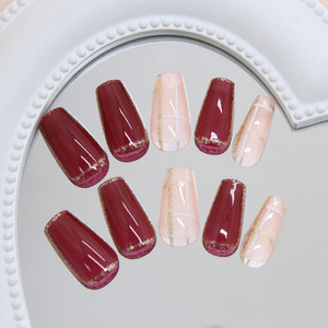 24 pièces de faux ongles en plastique à couverture complète, style rétro gentleman, motif écossais <span class=keywords><strong>rouge</strong></span> bordeaux brillant, forme carrée, amovibles - Product Image 4