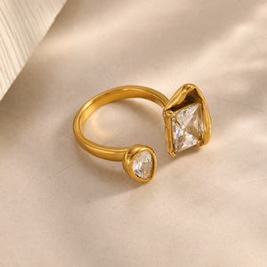 Geometric Stainless Steel Ring With Zircon Inlay <b>Square</b> Triangular Design <b>Adjustable</b> Opening Unisex Jewelry Gift - Product Image 3