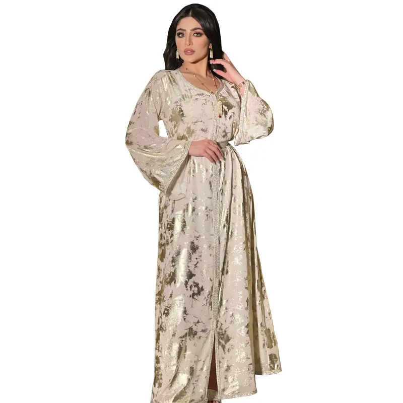 최신 두바이 고품질 이슬람 의류 이슬람 여성 럭셔리 쉬폰 Kaftan Abaya 터키 드레스 금박 골드 차단