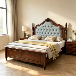 Base de Cama Tapizada Tradicional Tamaño Queen con Cabecera de Tela y Postes de Madera - Product Image 1