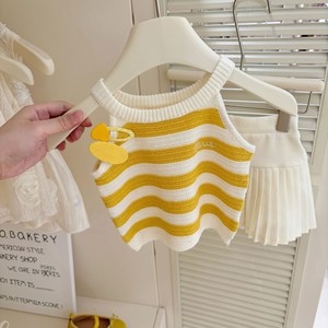 Girls Striped Knitted Vest And Pleated Skirt Set Yellow Cotton Summer Outfit For Children - Product Image 4