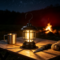 Lanterne de camping rétro à LED, fonctionnant sur piles, portable, pour l'extérieur, à suspendre, lampe d'ambiance vintage noire pour la randonnée
